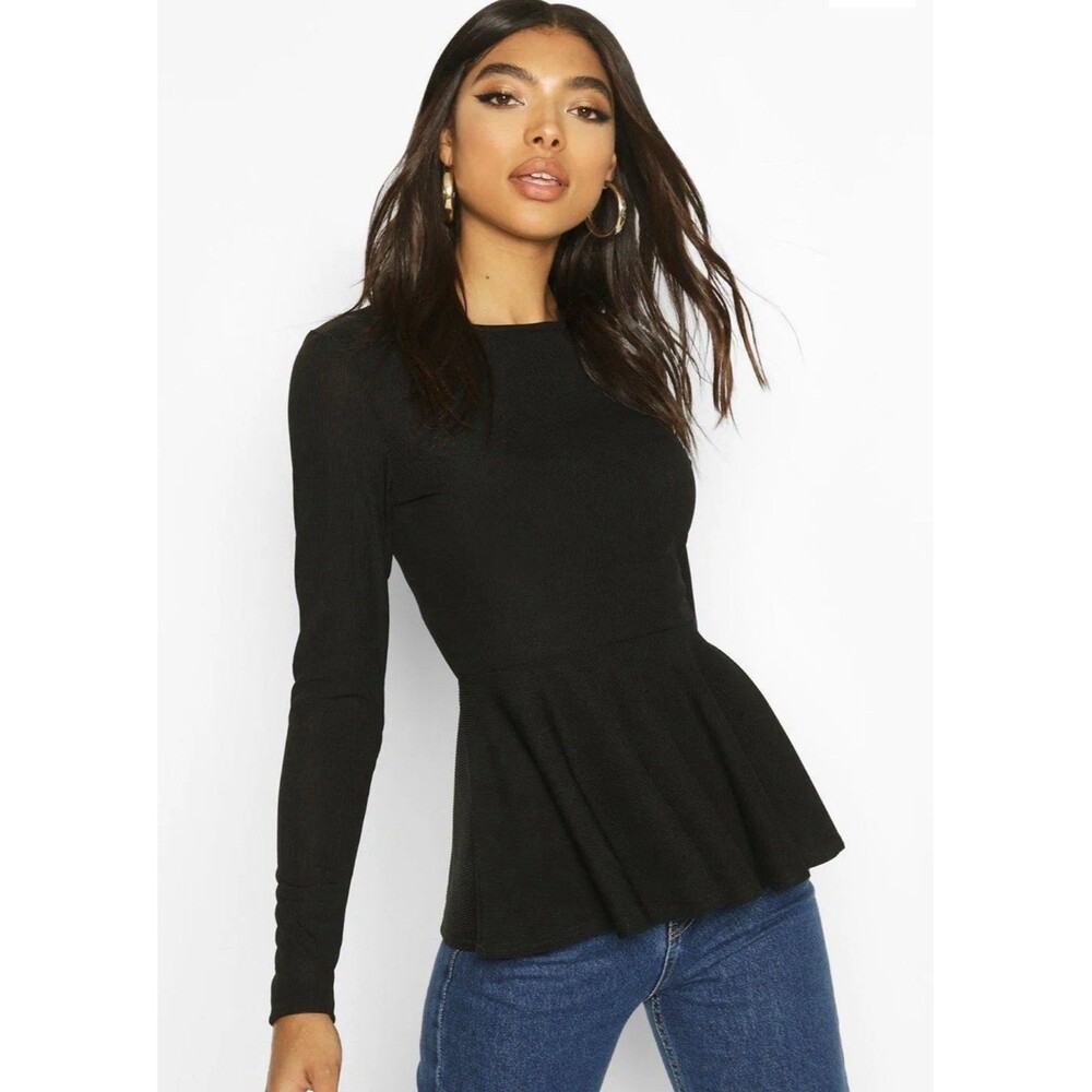 Boohoo Tall Rib Peplum Smock Top - Black Color - Size US 8